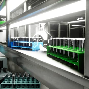 3D render of smart lab featuring sterile glass vials, test tubes and diagnostics equipment used for clinical testing, sample analysis and patient diagnostics in high tech medical environment, close up