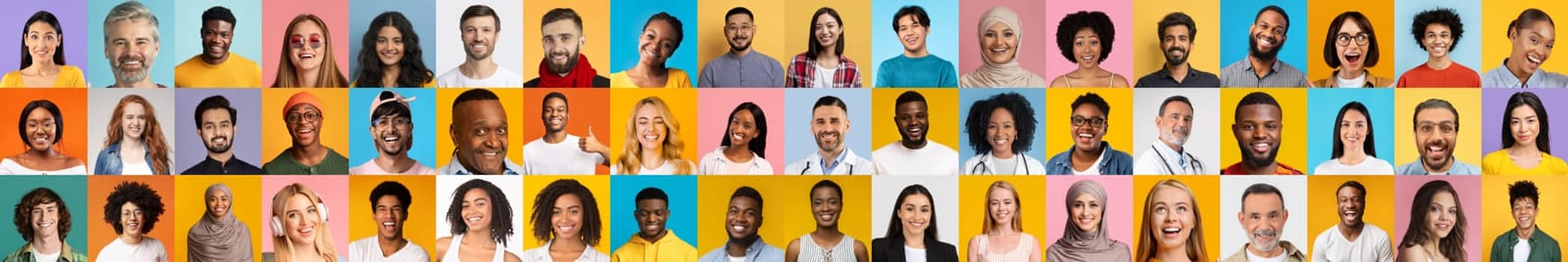 Faces of diverse individuals showcase a vibrant collage reflecting unity in culture and lifestyle. Each portrait captures unique expressions against colorful backgrounds, celebrating togetherness.