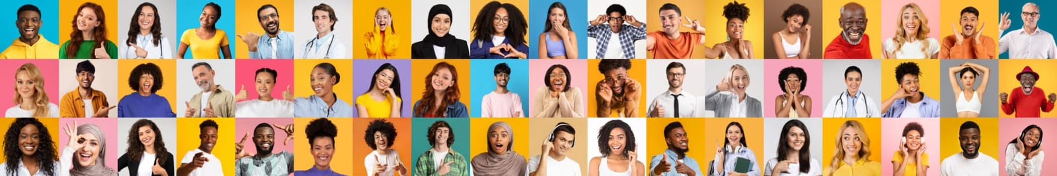 A vibrant collage features a diverse group of individuals expressing various emotions. Each person represents different backgrounds, celebrating unity and diversity in a colorful setting.