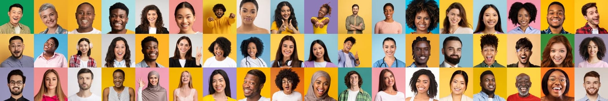 Capturing a vibrant collection of portraits, this collage showcases a diverse group of people sharing joyful expressions against bright backgrounds.