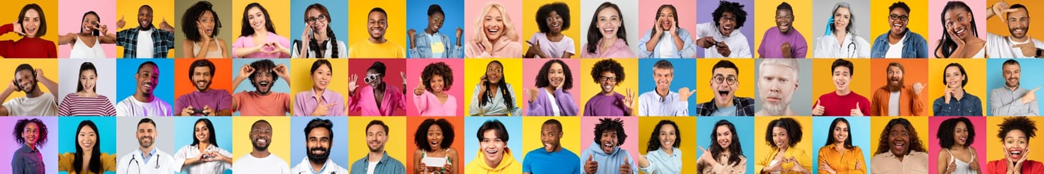 A lively collection of portraits showcases a diverse group of people, each displaying unique expressions that capture joy and togetherness against colorful backgrounds, celebrating cultural richness.