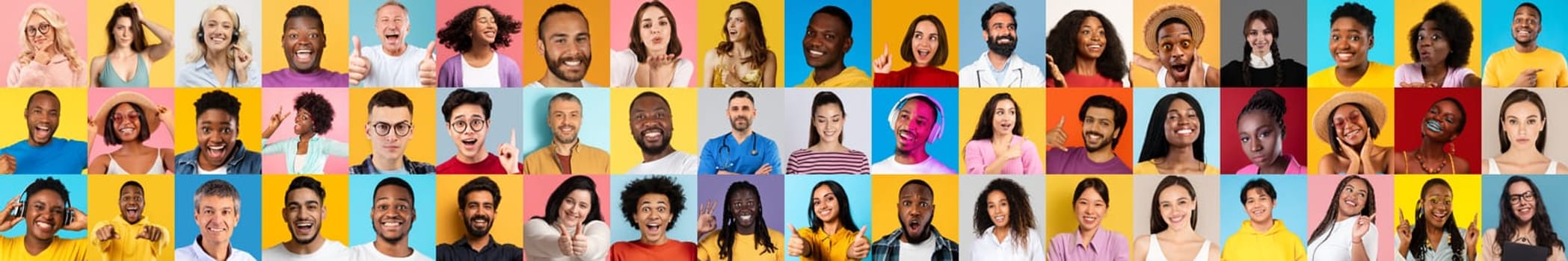 This collection showcases a vibrant collage of diverse faces, featuring people of various backgrounds smiling and expressing happiness. Each portrait highlights inclusivity.