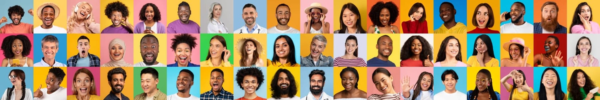A vibrant collage captures diverse individuals from different backgrounds, each smiling brightly against colorful backgrounds. This collection showcases the beauty of diversity and unity.
