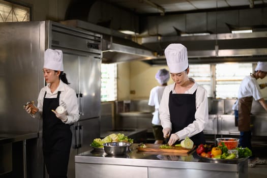 Culinary student practices chopping vegetables during a hands on cooking class in a kitchen.