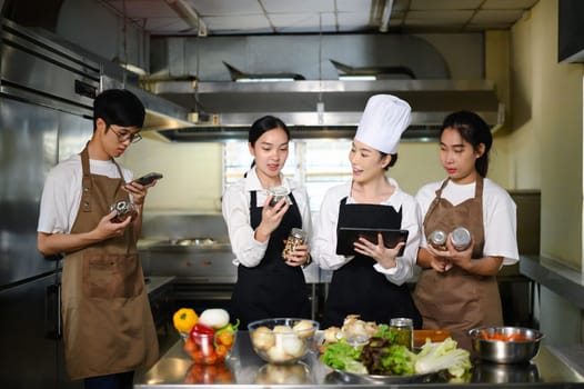 Chef teacher educates culinary students on ingredient selection and recipe techniques.