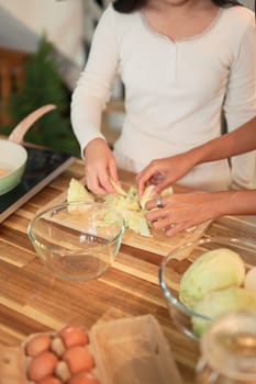 Smiling mother and daughter preparing a healthy meal together in a cozy kitchen at home.