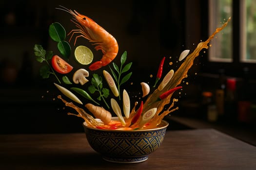 AI generated vibrant tom yum goong Thai soup ingredients and spices falling into traditional Thai patterned bowl aromatic herbs spicy sour soup Asian cuisine cooking fresh healthy authentic
