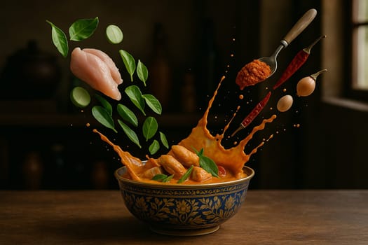 AI generated aromatic thai panang curry with chicken fresh ingredients and spices falling into traditional thai bowl rich creamy coconut milk spicy herbs asian cuisine authentic flavor
