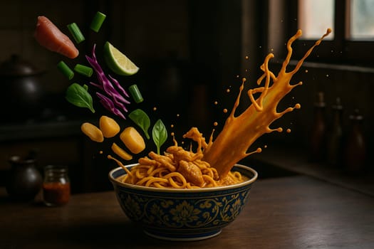 AI generated northern thai khao soi curry noodles with fresh ingredients and aromatic spices falling into ornate thai bowl rich coconut curry broth crispy noodles authentic