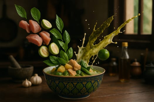 AI generated vibrant thai green curry with fresh ingredients and aromatic herbs falling into ornate thai bowl spicy coconut milk rich flavor asian cuisine authentic cooking