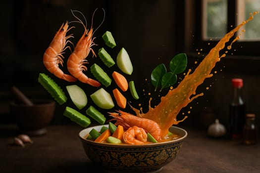 AI generated tangy thai sour curry with fresh vegetables and aromatic spices falling into ornate thai bowl vibrant tamarind broth healthy herbs authentic asian comfort food