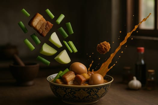 AI generated aromatic thai braised eggs stew with five-spice ingredients falling into ornate thai bowl rich savory broth herbal fragrance comfort food asian home cooking