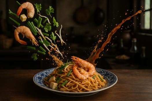 AI generated authentic thai pad thai with fresh shrimp and vibrant ingredients falling into ornate thai bowl stir fried noodles sweet savory tamarind sauce street food