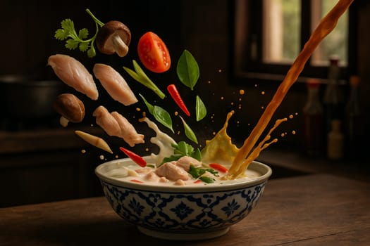 AI generated aromatic thai tom kha gai soup with chicken and fresh ingredients falling into ornate thai bowl creamy coconut milk galangal lemongrass herbal comfort food