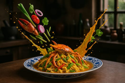 AI generated flavorful thai crab yellow curry stir fry with fresh ingredients falling into ornate thai bowl rich coconut milk turmeric spices aromatic herbs seafood delicacy