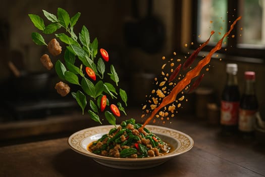 AI generated sizzling thai holy basil stir fry with fresh ingredients falling into ornate thai bowl spicy aromatic street food authentic pad krapow flavor quick meal