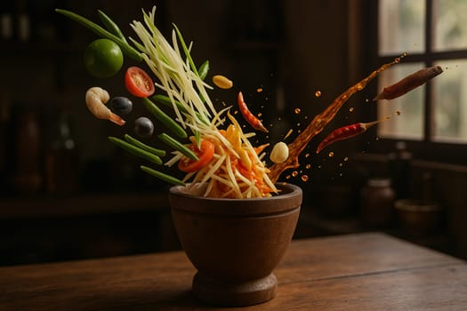 AI generated fresh thai som tum papaya salad ingredients falling into wooden mortar vibrant spicy sour sweet flavors authentic street food healthy crunchy texture