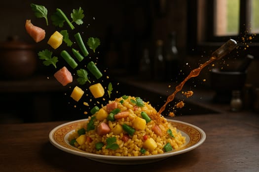 AI generated vibrant thai pineapple fried rice with fresh ingredients falling into ornate thai bowl sweet savory flavors colorful presentation tropical fruits cashew nuts