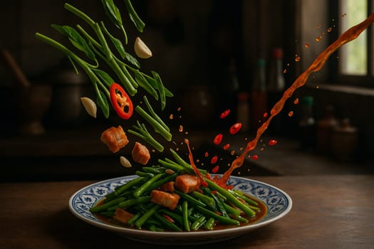 AI generated sizzling thai pad pak boong fai daeng with fresh ingredients falling into ornate thai bowl crispy water spinach garlic chili oyster sauce