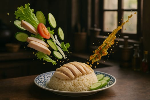 AI generated fragrant thai khao man gai with fresh ingredients falling into ornate thai bowl tender poached chicken aromatic rice savory ginger sauce comfort food