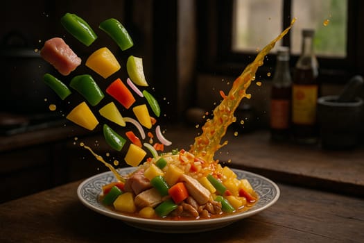 AI generated vibrant thai pad preaw wan with fresh ingredients falling into ornate thai bowl colorful vegetables tangy tamarind sauce balanced sweet sour flavors