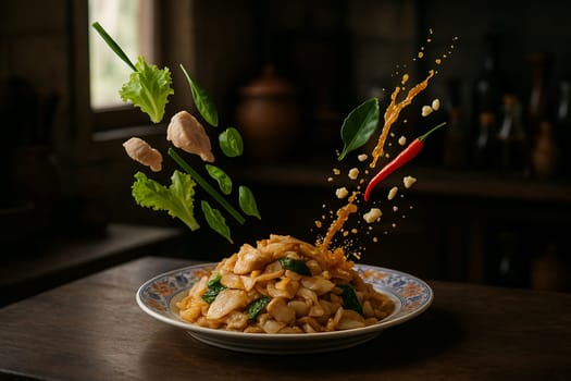 AI generated aromatic thai kuay teow khua gai with fresh ingredients falling into ornate thai bowl wide rice noodles tender chicken smoky wok flavor