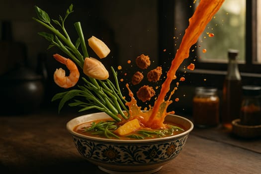 AI generated tangy thai kaeng som pak krachut with fresh ingredients falling into ornate thai bowl vibrant tamarind broth crunchy water mimosa healthy herbs