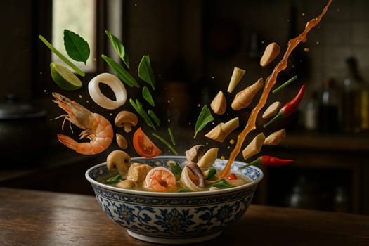 AI generated aromatic thai tom yum talay nam sai with fresh seafood ingredients falling into ornate thai bowl clear spicy lemongrass broth healthy herbs