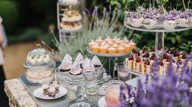 Outdoor wedding buffet table with lavender and a variety of dishes.