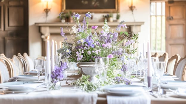 Elegant indoor wedding dining table with floral arrangements in shades of purple, lavender and pink, set in a grand room with mirrors and chandeliers.