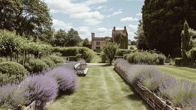 A picturesque stone manor house nestled amidst vibrant lavender garden in the English countryside.