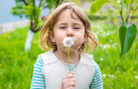 Child blowing dandelion in park. Selective focus. Allergy Kid.