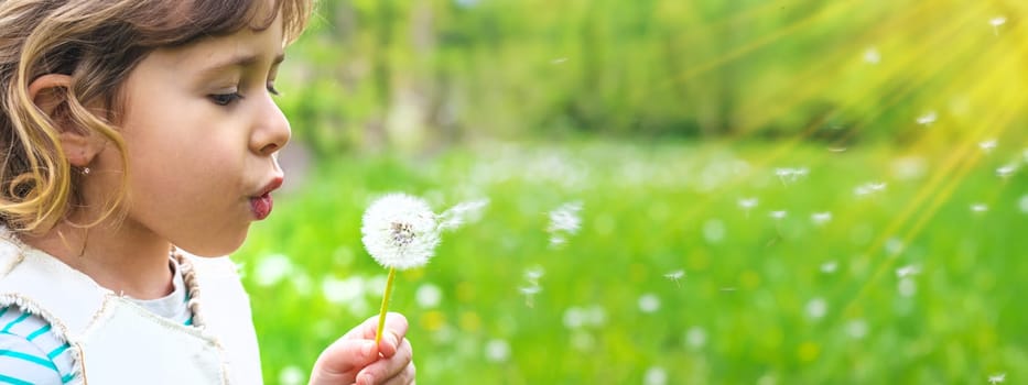 Child blowing dandelion in park. Selective focus. Allergy Kid.