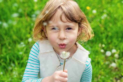 Child blowing dandelion in park. Selective focus. Allergy Kid.