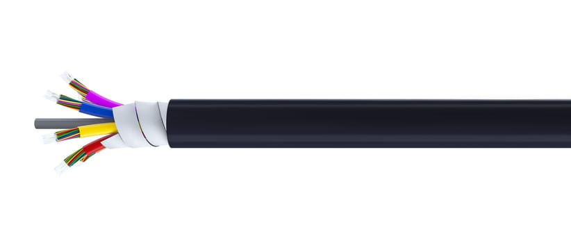Fiber optic cable exposing optical fibers on transparent background 3d