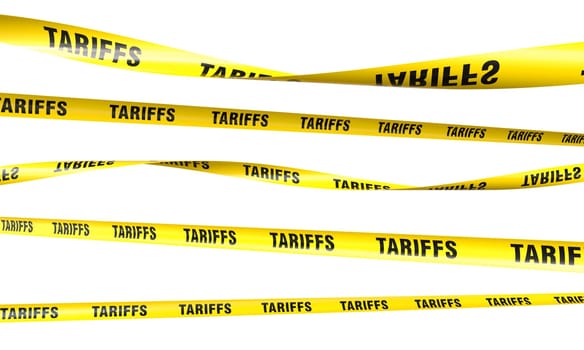 Yellow tariffs barrier tape blocking access on transparent background 3d