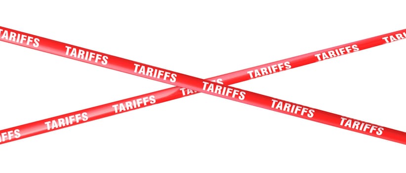 Red tariffs barrier tape crossing on transparent background 3d