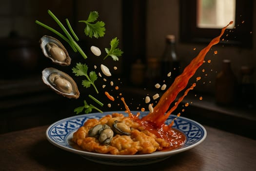 AI generated crispy thai hoy tod mussel pancake with fresh ingredients falling into ornate thai bowl golden crunchy texture savory seafood street food authentic flavor
