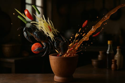 AI generated authentic thai som tum pu spicy crab papaya salad with fresh ingredients falling into wooden mortar bold flavors crunchy texture iconic street food