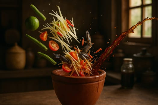 AI generated authentic thai som tum pla ra spicy papaya salad with fermented fish sauce ingredients falling into wooden mortar bold umami flavor iconic street food