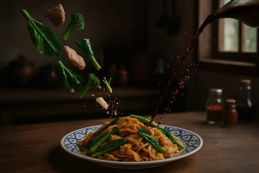 AI generated savory thai pad see ew stir fry with fresh ingredients falling into ornate thai bowl wide rice noodles dark soy sauce chinese broccoli comfort food