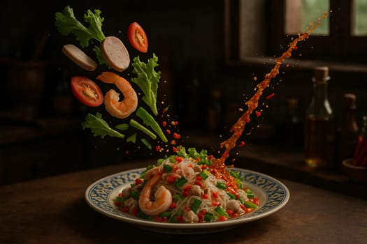 AI generated zesty thai yum woon sen glass noodle salad with fresh ingredients falling into ornate thai bowl tangy spicy dressing herbs seafood vibrant colors