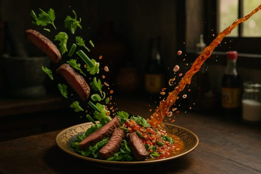 AI generated smoky thai sue rong hai grilled beef with fresh ingredients falling into ornate thai bowl juicy marinated steak spicy dipping sauce aromatic herbs
