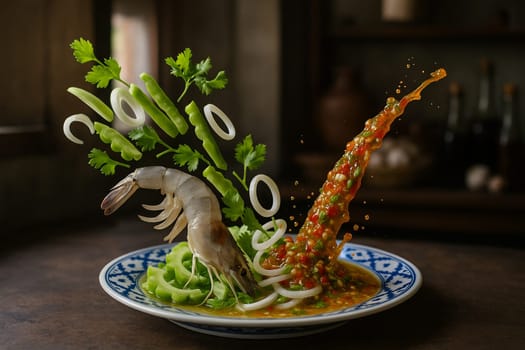 AI generated authentic thai goong chae nam pla featuring fresh shrimp and ingredients falling into ornate thai bowl zesty lime garlic chili fish sauce dressing