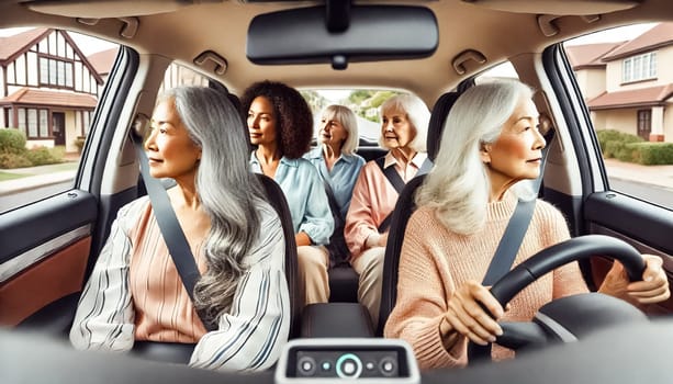 The images showcase multiracial elderly women driving a modern car, viewed from the backseat. The women, with diverse skin tones and hair types, are focused on the road as they navigate through a tree-lined suburban neighborhood with well-maintained houses.
