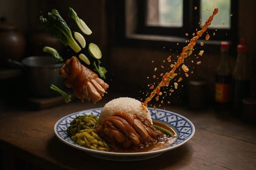 AI generated rich thai khao kha moo with tender braised pork leg and ingredients falling into ornate thai bowl savory five-spice broth melt-in-mouth texture