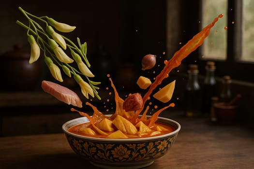 AI generated tangy thai kaeng som dok khae with fresh ingredients falling into ornate thai bowl vibrant tamarind broth edible sesbania flowers healthy herbs