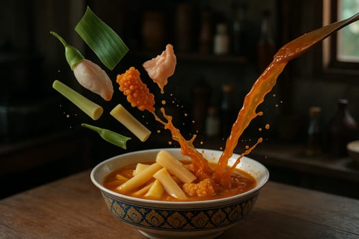 AI generated tangy thai kaeng som nor mai pla riu kiu with fresh ingredients falling into ornate thai bowl fermented fish bamboo shoots spicy herbal broth