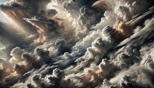 A close-up view of enormous, dramatic cloud formations with varying shades of gray, white, and hints of color. The dense, swirling clouds create an intense, immersive atmosphere with a mix of light and dark areas.