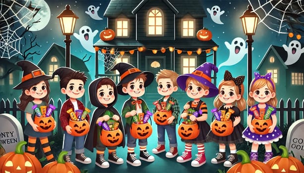 Children in colorful costumes hold up their Halloween buckets, brimming with candy after a night of trick-or-treating. The scene is illuminated by streetlights, showcasing houses adorned with spooky decorations, glowing pumpkins, and cobwebs.